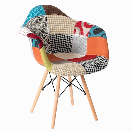 Plastic Multicolor Fabric Patchwork DAW Shell Dining Chair With Wooden Dowel Eiffel Legs
